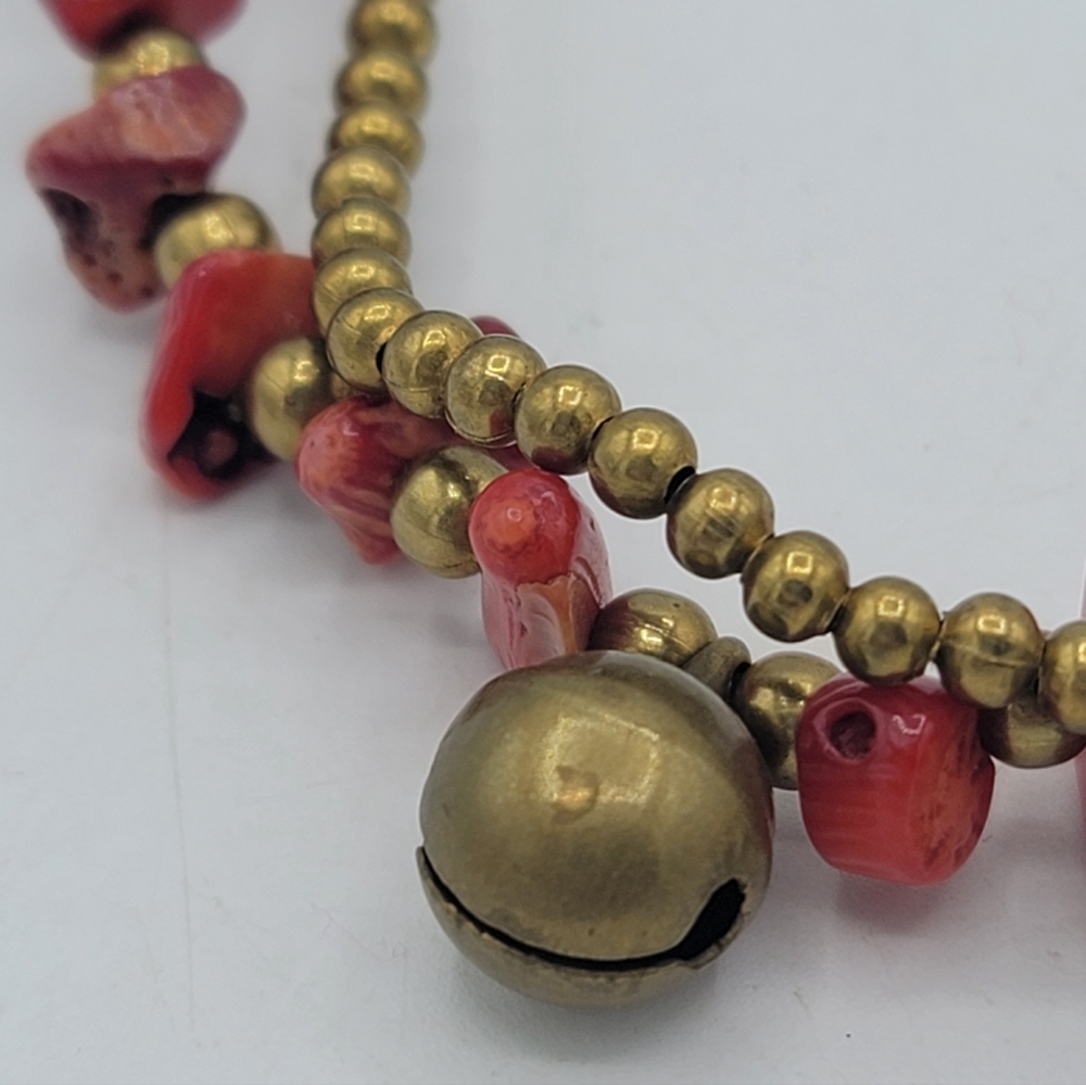 Coral Color Red Stone Chip Anklet Double Strand Gold Tone Beads Jingle Bells 11" - Picture 3 of 11